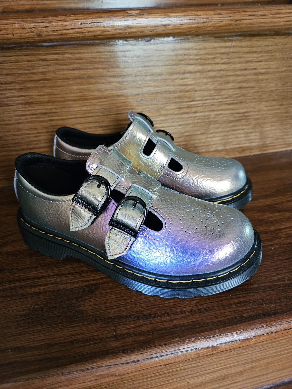 NEW - Authentic Dr. Martens Junior 8065 Rainbow Crinkle Leather Mary Jane Shoes